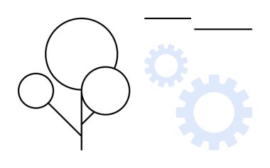 Mavi dişliler ve asgari çizgilerle eşleştirilmiş daire ve çizgilerden oluşan soyut ağaç. Teknoloji, sürdürülebilirlik, denge, yenilik, eko-dostluk, büyüme, otomasyon için ideal. Basit düz metafor