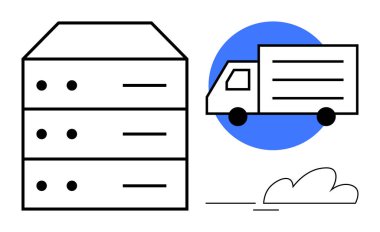 Sunucu yığını ve veri göçünü, dağılımını ve bulut çözümlerini gösteren hareket çizgileri olan bir kamyon. Teknoloji, veri yönetimi, bulut depolama, lojistik, hareketlilik ve bilişim hizmetleri için ideal