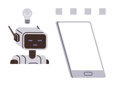 Ampullü robot kafası fikirleri ve yeniliği simgeliyor, akıllı telefon teknolojiyi vurguluyor. AI, robotik, yenilik, teknoloji kavramları, dijital dönüşüm, mobil çözümler için ideal