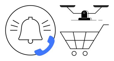 Alışveriş arabası taşıyan bir İHA 'nın yanında bir telefon sembolü ile çan çalıyor. Teslimat, e-ticaret, bildiriler, İHA 'lar, iletişim, yenilik, basit düz metafor