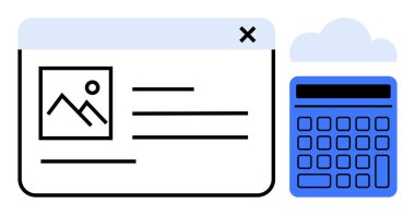 Hesap makinesi ve dosya yönetimini, hesaplamaları, bulut hesaplamalarını ve çevrimiçi işbirliğini temsil eden bulut simgesi ile birlikte web tarayıcı penceresi. Muhasebe, eğitim, teknoloji ve finans için ideal