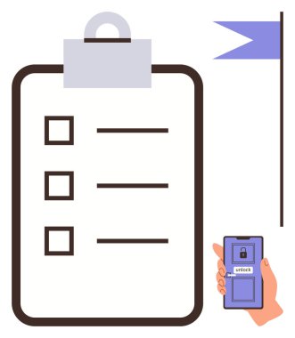 Kontrol listesi, işaret levhası ve ekranı açan akıllı telefon panosu. Görev planlama, üretkenlik, organizasyon, hatırlatıcılar, hedefler iş akışı ve motivasyon için idealdir. Basit düz metafor