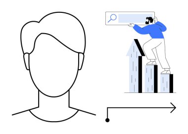 Kişisel gelişimi, başarıyı, veri analizini sembolize ederken ok çubuklarına tırmanan bir kişinin profili. İş için ideal, başarı, ilerleme, üretkenlik, liderlik