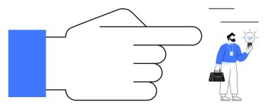 Evrak çantası ve ampullü bir adamı işaret ediyor, fikirleri, rehberliği, yeniliği, yaratıcılığı, kararı, liderlik takım çalışmasını öneriyor. İş planlama temaları için ideal. Basit düz