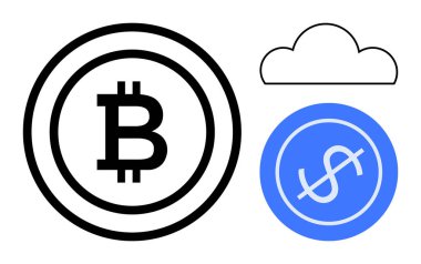 Bitcoin logosu ve dolar dairesel olarak dijital para birimini, engelleme zincirini, kripto para birimini, finansal işlemleri, merkezi olmayan sistemleri, fintech 'i, güvenli para transferini sembolize eder. Düz