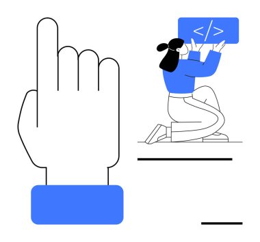 Enlarged pointing hand and a coder working on a monitor. Ideal for teamwork, coding, user interface, interaction design, digital collaboration, software learning, simple landing page clipart svg vector 