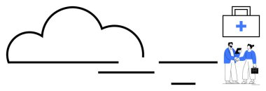 Bulut çizgisi, yatay çizgiler, tıbbi çanta, sağlık araçlarını tartışan iki kişi. Tıp, dijital dönüşüm, takım çalışması, yenilik, sağlık erişimi, ağ kurmak için ideal