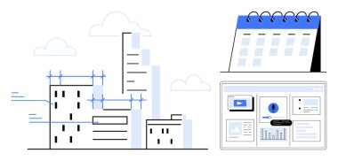 İnşaat halindeki gökdelenler, iskele, dijital gösterge paneli ve planlama, zaman çizgileri ve ilerleme takibi olan takvimler. Üretkenlik, verimlilik, teknoloji, gayrimenkul için ideal