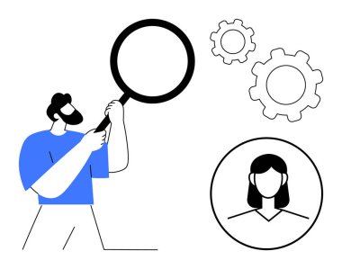 Adamın elinde büyüteç inceleme profili var. İşlem optimizasyonunu ya da işbirliğini gösteren dişliler. İşe alım, işe alım, takım çalışması, İK yönetimi, analitik, problem çözme, basit