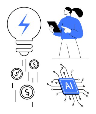 Ampuller bozuk para, yapay zeka çipi ve tabletli insan yayıyor. Yenilik, teknoloji, yapay zeka, finans, sürdürülebilirlik, enerji verimliliği için ideal basit iniş sayfası