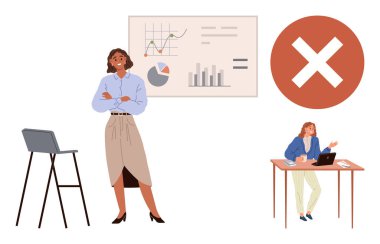 Gemide çizelgeleri sunan kendinden emin bir kadın, çalışma masasındaki meslektaşıyla takım sorunlarını ele alıyor ve çapraz bir sembol. Liderlik için ideal, takım çalışması, ofis dinamiği, problem çözme, iş iletişimi