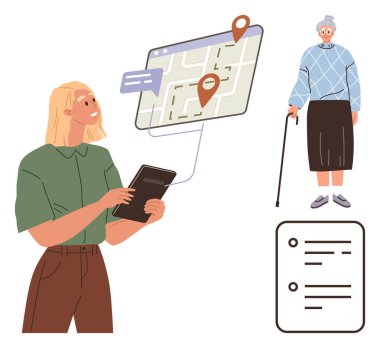 Elinde harita ve lokasyon iğneleri olan yaşlı bir şahıs ve kontrol listesi olan bir kadın. Bakım, navigasyon, yaşlı bakımı, planlama, sağlık denetimi, aile yardımı, basit bir daire