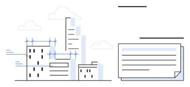 İskeleli gökdelenler ve planlar bir belge elemanıyla birleştirilmiş. Mimarlık, inşaat, kentsel planlama, tasarım stratejisi, altyapı, gayrimenkul, asgari sadelik için ideal