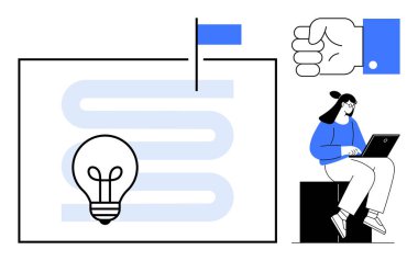 Yeni fikirleri sembolize eden bir ampul, onaylanmak için el sallama, dizüstü bilgisayarda çalışan bir kadın. Takım çalışması, hedef belirleme, beyin fırtınası, yaratıcılık, üretkenlik ve yenilik için ideal