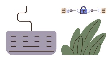 Bilgisayar klavyesi ve şifreli veri transferi güvenli iletişimi vurguluyor. Yeşil bitki çevre dostu teknolojiyi vurgular. Teknoloji, siber güvenlik, gizlilik, şifreleme için ideal