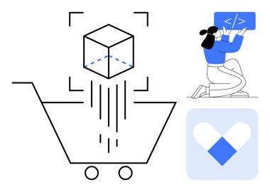 3 boyutlu küp taramalı alışveriş arabası, kod elemanı tutan geliştirici ve uygulama logosu. E-ticaret, kodlama, yenilik, perakende teknolojisi, uygulama geliştirme, 3D araçlar için ideal basit iniş sayfası