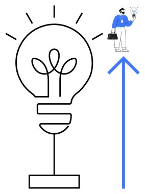 Yaprakları filizlenen dev bir ampul, daha küçük bir ampul tutan bir iş adamı ve yukarı doğru bir ok. Yenilik, büyüme, yaratıcılık, liderlik, ilerleme, girişimcilik için idealdir.