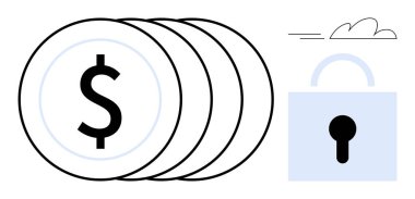Asma kilidin yanında dolar işareti olan bozuk paralar, finansal güvenliği simgeliyor. Ekonomi, bankacılık, tasarruf, yatırım, koruma, siber güvenlik para yönetimi için idealdir. Basit düz metafor
