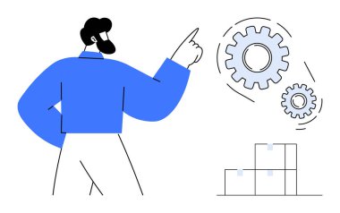 Büyük viteslere doğru hareket eden bir adam, yakınlarda istiflenmiş kutular, organizasyonu, işbirliğini, otomasyonu veya lojistiği gösteriyor. Takım çalışması, iş akışı, planlama, işletim verimliliği için ideal