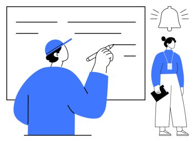 İki kişi planlama yapıyor, beyaz tahtaya yazı yazıyorlar. Biri bir pano tutarken, çan acil durum ya da tebligat öneriyor. Takım çalışması, üretkenlik, planlama ve eğitim için ideal