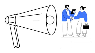 Evrakları tartışırken el sıkışan iki profesyonelin yanında büyük boy bir megafon. İletişim, takım çalışması, ortaklık, pazarlama, liderlik, müzakere, iş çözümleri için ideal