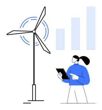 Teknisyen elinde tablet olan ve verileri izleyen rüzgar türbini. Yenilenebilir enerji, teknoloji, çevre, sürdürülebilirlik, veri analizi, yenilik, basit iniş sayfası için ideal