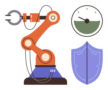 Robot kol, otomasyon, hassasiyet, güvenlik ve kontrolü yansıtan bir kalkan ve gösterge ile çalışıyor. Teknoloji, imalat, güvenlik mühendisliği ve gelecekteki yenilikler için ideal. Basit.