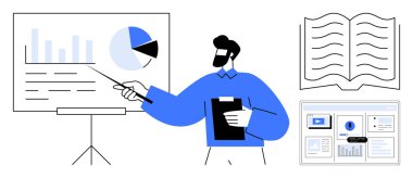 Grafikleri, pasta grafiğini, açık kitabı ve videolu dizüstü bilgisayarı açıklayan sunucu. Eğitim, eğitim, analitik, iletişim, strateji takım çalışması için ideal basit düz metafor