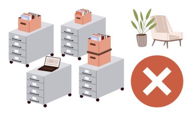 Dosya dolapları, evrak kutuları, dizüstü bilgisayarlar, saksı bitkisi ve yanında sandalye. İçki yasağı işareti verimsizliği ya da dağınıklığı gösteriyor. Organizasyon, düzensizlik, minimalizm, üretkenlik, dosyalama için ideal