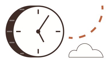 Analog saat, elleri önde, benekli ok yukarı doğru en küçük buluta doğru kıvrılıyor. Zaman, planlama, gelecek, üretkenlik, arzu, ilerleme kavramsal görselleştirme için idealdir. Basit.