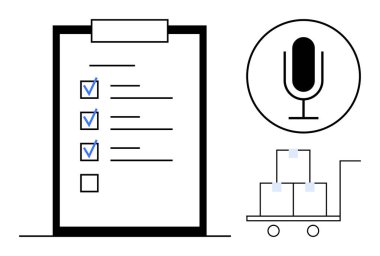 Kontrol listesi olan bir pano, ses girişi için mikrofon ve el arabasının üzerine istiflenmiş kutular. Lojistik, görev yönetimi, envanter, planlama, dağıtım için ideal basit iniş sayfası