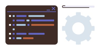 Renkli satırlarla kod düzenleyici arayüzü, ayarlar için dişli ve işlem izlemesi için işlem çubuğu. Programlama, web geliştirme, yazılım tasarımı, otomasyon, kodlama eğitimi için ideal