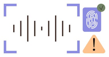 Biyometrik parmak iziyle çevrili merkezi ses dalgası. Üzerinde kontrol işareti ve uyarı işareti var. Anahtar temalar arasında kimlik denetimi, siber güvenlik, teknoloji, veri koruması ve erişim kontrolü yer almaktadır