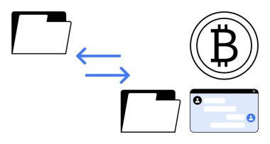 Oklarla birbirine bağlı dosya dizinleri veri alışverişini, Bitcoin tarafından temsil edilen kripto para birimini ve iletişim için bir sohbet kutusunu sembolize eder. Engelleme zinciri, dijital işlemler, fintech, kripto para birimi için ideal