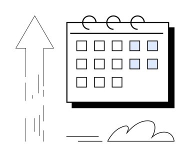 İşaretli tarihler ve yukarı doğru ok takvimi ilerleme ve büyüme gösteriyor. Bulutlar berraklığı ve hedefleri vurgular. Planlama, üretkenlik, zaman yönetimi, organizasyon, başarı, büyüme için ideal