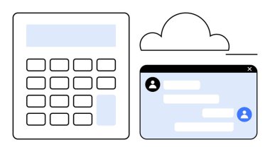 Bir bulut simgesinin altındaki hesap makinesi ve çevrimiçi sohbet penceresi dijital işbirliği, bulut teknolojisi ve çevrimiçi etkileşimi temsil ediyor. Takım çalışması, bulut hizmetleri, finans, teknik çözümler ve eğitim için ideal