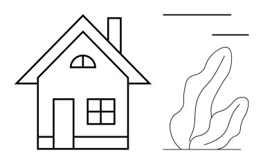 Baca, kemerli pencere ve soyut bitki şekillerinin yanında dikdörtgen kapılı basit doğrusal ev yapısı. Mimarlık, konut, minimalizm, eko-yaşam, ev dekorasyonu, gayrimenkul için ideal