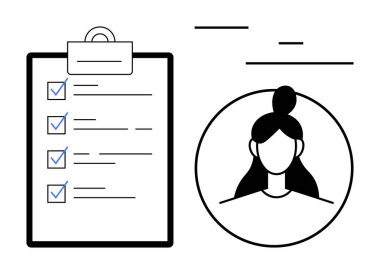 Dairesel çerçeveli bir kadın portresinin yanında kontrol listesi olan bir pano. Planlama, organizasyon, profil oluşturma, iş akışı, üretkenlik, kişisel yönetim, basit iniş sayfası için ideal