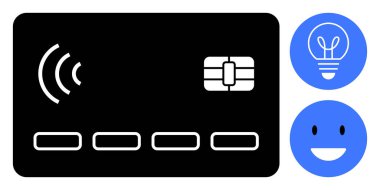 Bir ampul ikonu ve gülümseyen yüzün yanında siyah, çipsiz ve NFC dalgalı bir kredi kartı. Teknoloji, finans, yenilik, ödeme güvenliği, yaratıcılık, pozitiflik, basit iniş için ideal