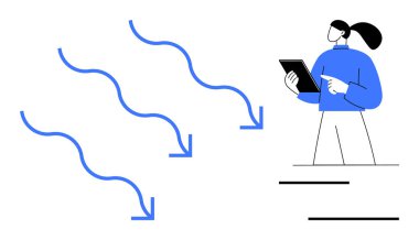 Tablet tutan kadın, bilgi akışını temsil eden kavisli okları gözlemliyor. Veri görselleştirme, analiz, iş akışı, karar verme, teknoloji, iş stratejisi, basit iniş sayfası için ideal