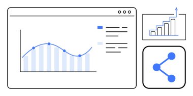 Veri noktaları olan çizgi grafiği, yukarı doğru büyümeyi gösteren bar grafiği ve simge paylaşımı. Veri analizi, iş büyümesi, strateji, raporlama, eğilimler, basit iniş sayfaları için ideal