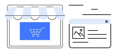 Alışveriş arabası ikonu ve ürün detay penceresi olan dijital mağaza önü. E-ticaret, çevrimiçi alışveriş, pazarlama, uygulama tasarımı, web geliştirme, teknoloji, basit iniş sayfası için ideal