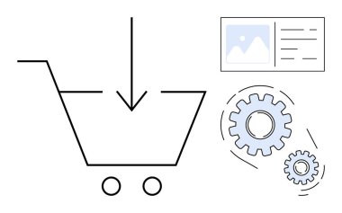 Aşağıya doğru ok atan alışveriş arabası, web sayfası kablosu ve birbirine kenetlenmiş vitesler e-ticaret, indirme, otomasyon öneriyor. Çevrimiçi alışveriş, web sitesi yönetimi, lojistik, dijital iş akışı için ideal