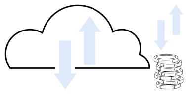 Veri transferini gösteren yukarı ve aşağı oklarla bulut ana hatları, mali işlemleri sembolize eden madeni paraların yanı sıra. Teknoloji, veri, finans, yatırım, tasarruf, bulut için ideal