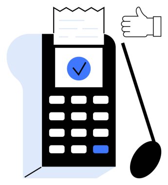 Ödeme cihazı yazdırma makbuzu. İşlem işareti, stil ve onay işareti ile birlikte. Teknoloji, ödeme sistemi, çevrimiçi alışveriş, onay, finans, perakende ve basit bir iniş sayfası için ideal