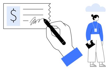 Çek imzalamak için kalem kullanmak, finansal anlaşmaları sembolize ediyor. Profesyonel giyimli bir kadın elinde bir pano, organizasyonu simgeliyor. Finans, iş, güven ve profesyonellik için ideal