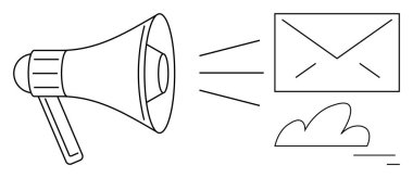 Megafon, basit bir bulut detayı ile iletişimi ve mesajlaşmayı simgeleyen zarfa doğru çizgiler yayıyor. Pazarlama, e-posta, dijital kampanya, reklam, sosyal yardım, bilgilendirme, basit