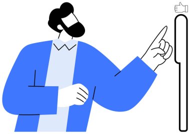 Başparmak onayı simgesine doğru hareket eden canlandırılmış kişi etkileşimi ve geri bildirimi vurguluyor. Kullanıcı bağlılığı, takım çalışması, geri bildirim, liderlik, UIUX tasarımı, iş iletişimi, basit