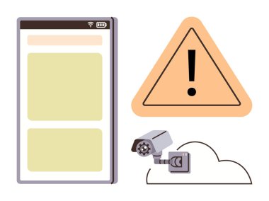 Uyarı işaretinin yanındaki akıllı telefon arayüzü ve buluta bağlı güvenlik kamerası. Siber güvenlik, gizlilik, uygulama güvenliği, bulut hesaplama, veri izleme, uyarılar, teknolojik riskler için idealdir. Basit düz