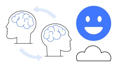 Oklarla birbirine bağlı iki insan kafası, fikir alışverişini sembolize ediyor, gülümseyen bir yüz ve bulut temsilciliğinin yanında. Takım çalışması, yenilik, öğrenme, yaratıcılık ve işbirliği için ideal